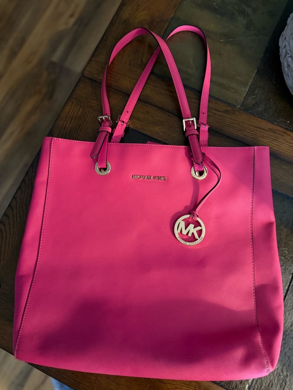 Michael Kors Pink Saffiano Leather Tote with Gold Logo Charm